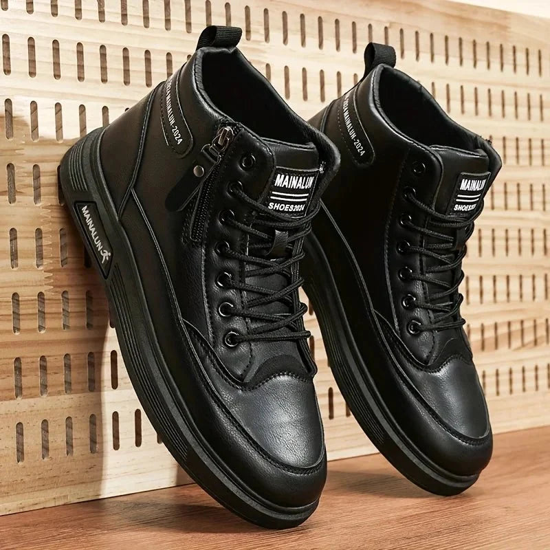 Men's high-top sneakers by TrendLux Wear with breathable lace-up design and side zipper in white and black colors.