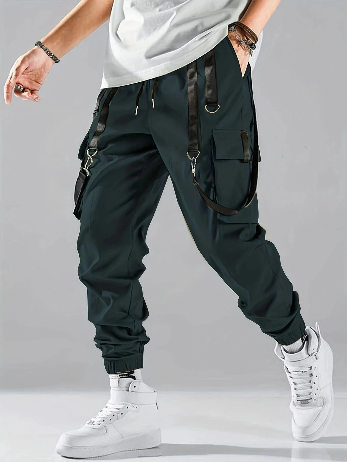 Men's Techwear Cargo Joggers by TrendLux Wear, featuring drawstring waist and multiple pockets in a sleek hip hop style.