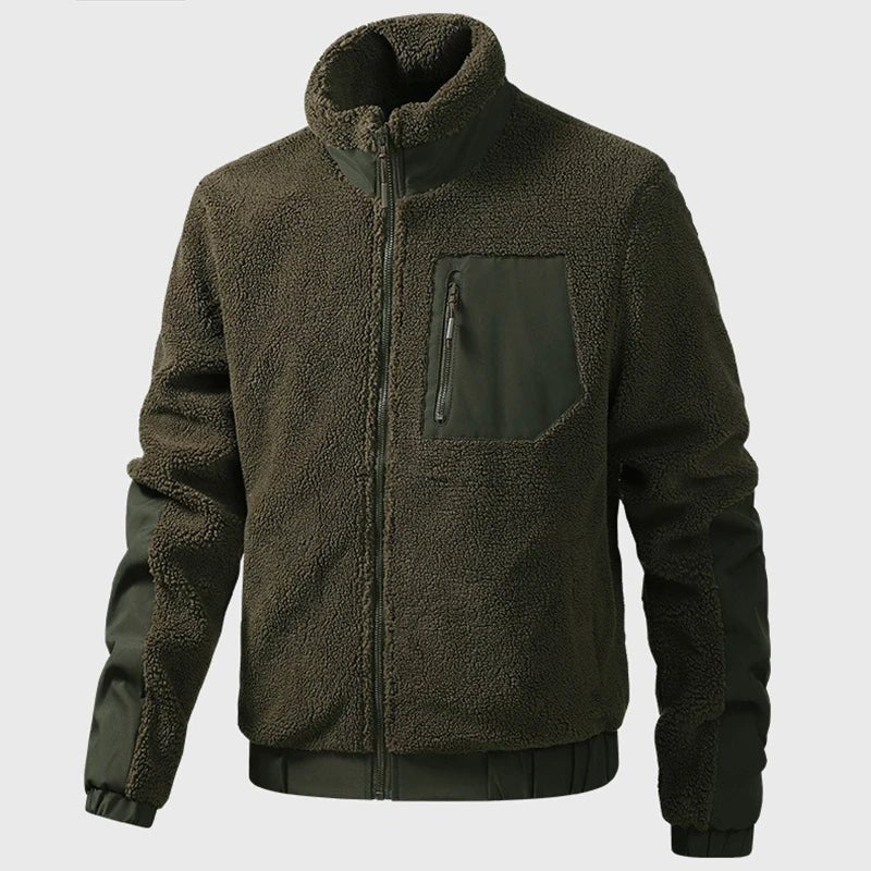 Men's vintage patchwork fleece zip-up jacket with stand collar, streetwear coat by TrendLux Wear, shown in a stylish urban setting.