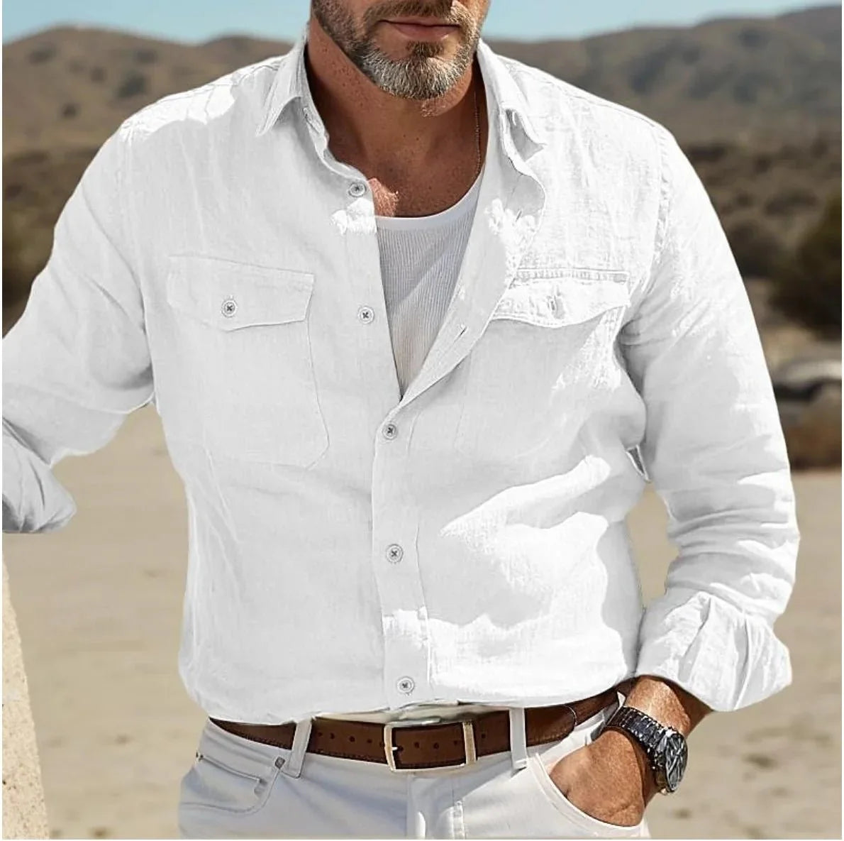 Men's casual linen and denim shirt by My Store 5, button-up design, available in sizes S to 3XL, relaxed business style.