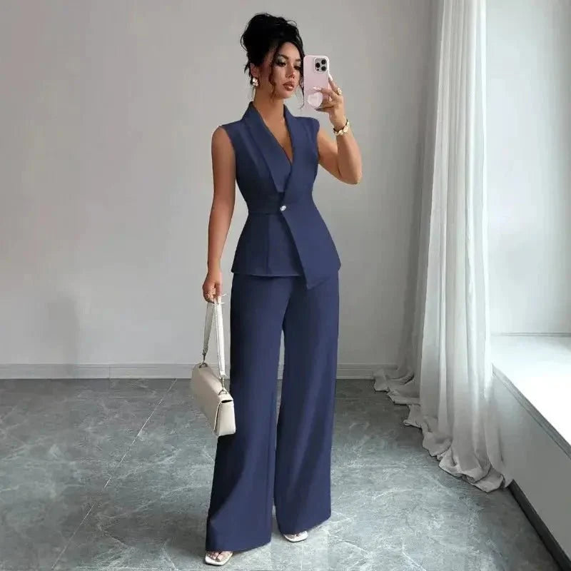 Women's spring sleeveless 2-piece suit by TrendLux Wear, featuring a stylish top and matching skirt or pants ensemble.