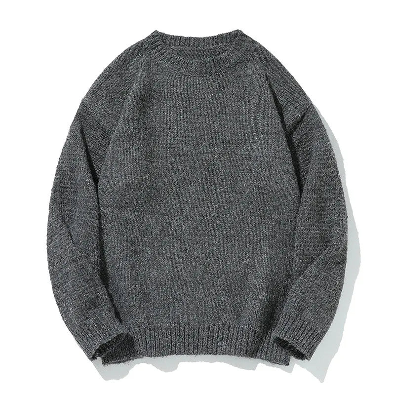 Men's oversized round neck pullover sweater by TrendLux Wear in warm polyester knit, shown in three colors.