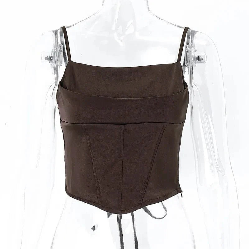 TrenLux Wear spaghetti strap tank top with backless bandage design, lace-up detail, and slim fit for summer streetwear and parties.