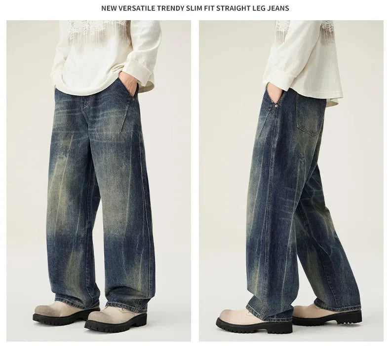 Men's loose straight leg distressed jeans by TrendLux Wear, casual versatile denim pants with a relaxed fit and distressed details.
