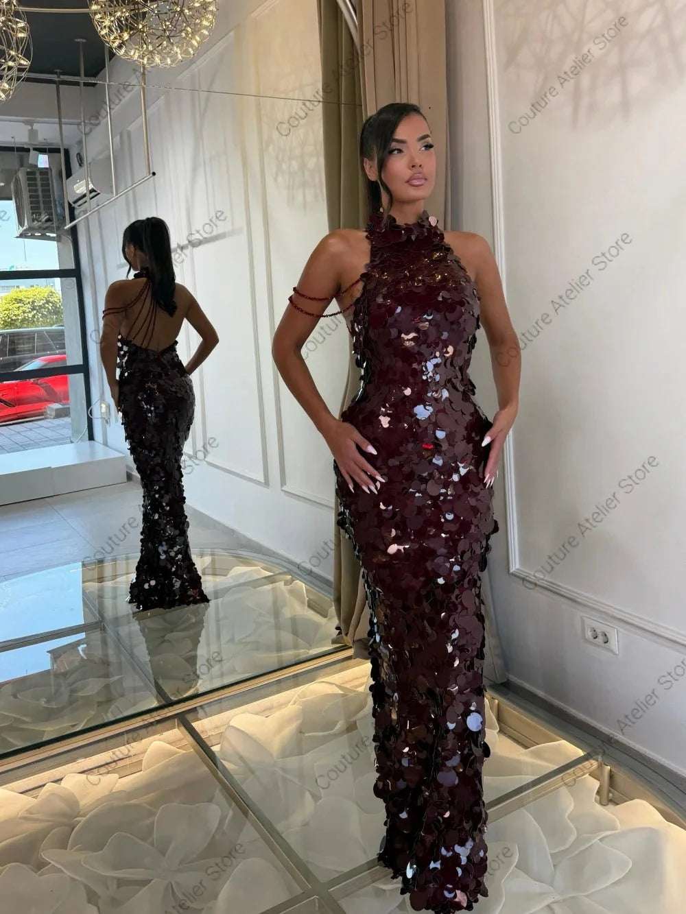 Custom Sequin Halter Mermaid Evening Dress - TrendLux Wear