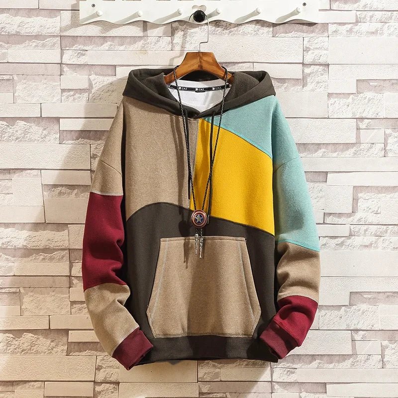 Men's patchwork velvet punk hoodie by TrendLux Wear, loose fit streetwear hoodie with bold patchwork design and vibrant colors.