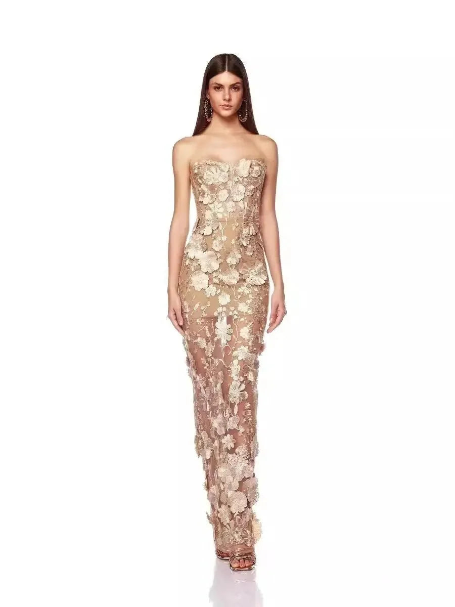Floral Appliqué Strapless Sweetheart Evening Gown - TrendLux Wear