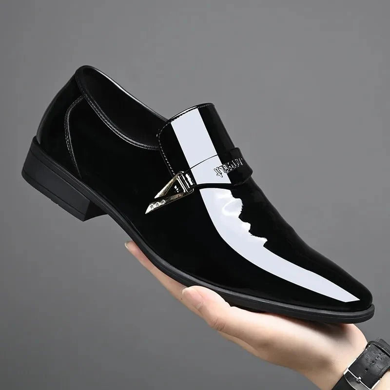 Men's patent leather pointed toe loafers by TrendLux Wear, slip-on dress shoes with a sleek, polished finish for business casual attire.