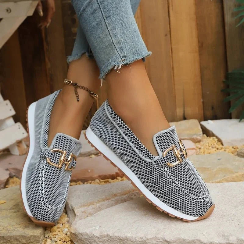 Women's thick sole slip-on loafers by TrendLux Wear in beige, white, blue, and gray with round toe design and comfortable casual style