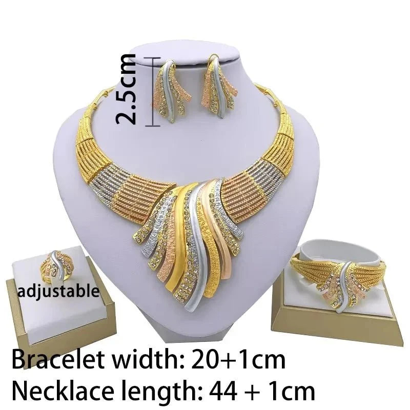 Elegant Dubai 24K gold luxury jewelry set by TrendLux Wear featuring a statement necklace and matching earrings.