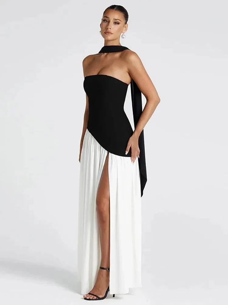 Women's Strapless Backless Maxi Dress with Ribbon Scarf - TrendLux Wear