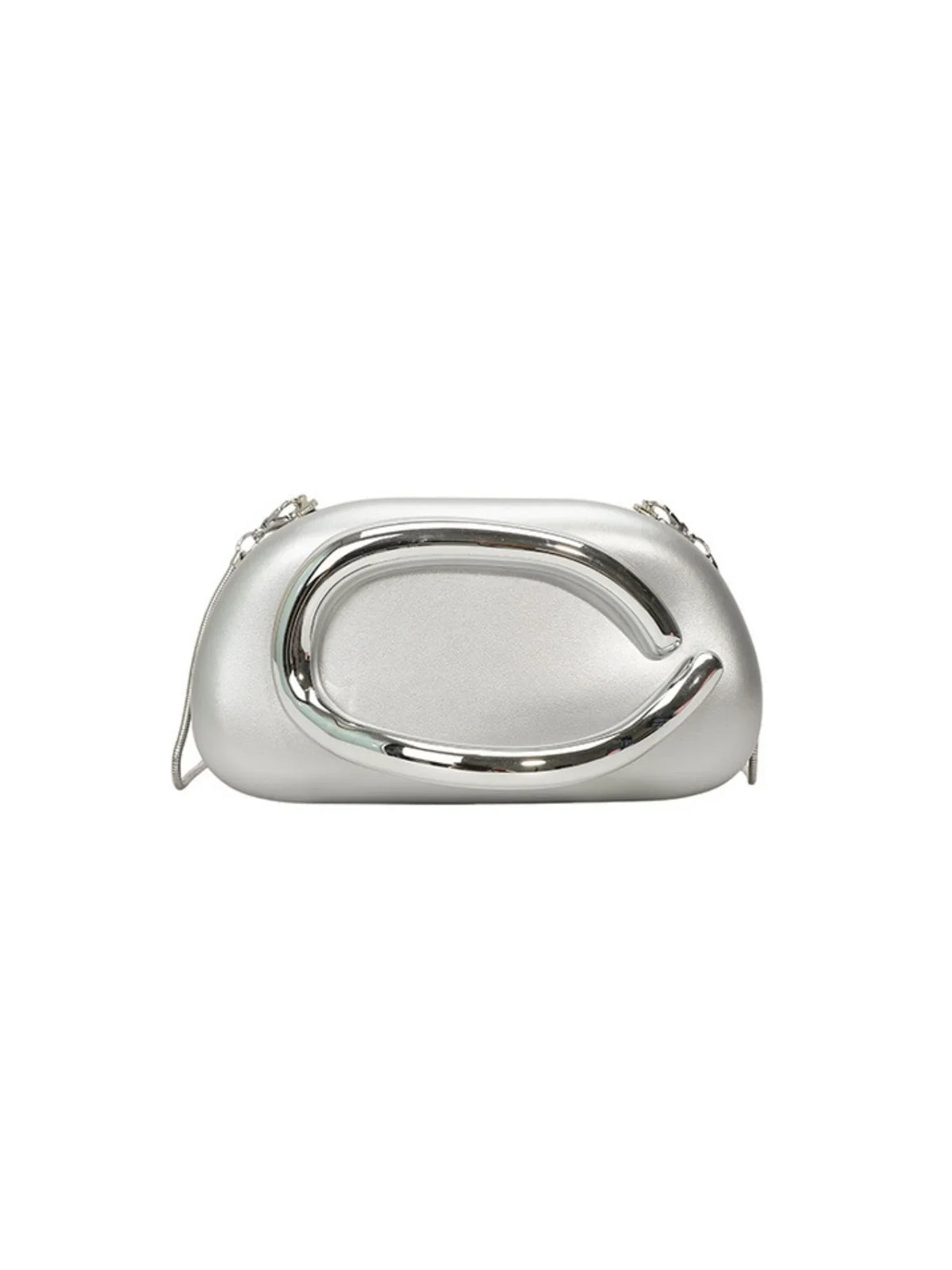 Stylish silver handbag with a shell shape and a modern chrome accent, ideal for parties and elegant occasions.
