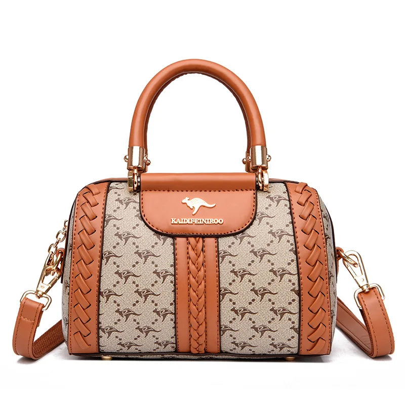 Shoulder handbag with a semi-woven design, featuring a light tan base with brown animal print and woven details.