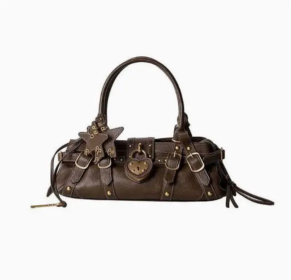 Brown microfiber synthetic leather handbag with rivet and heart lock detailing, featuring a single shoulder strap.