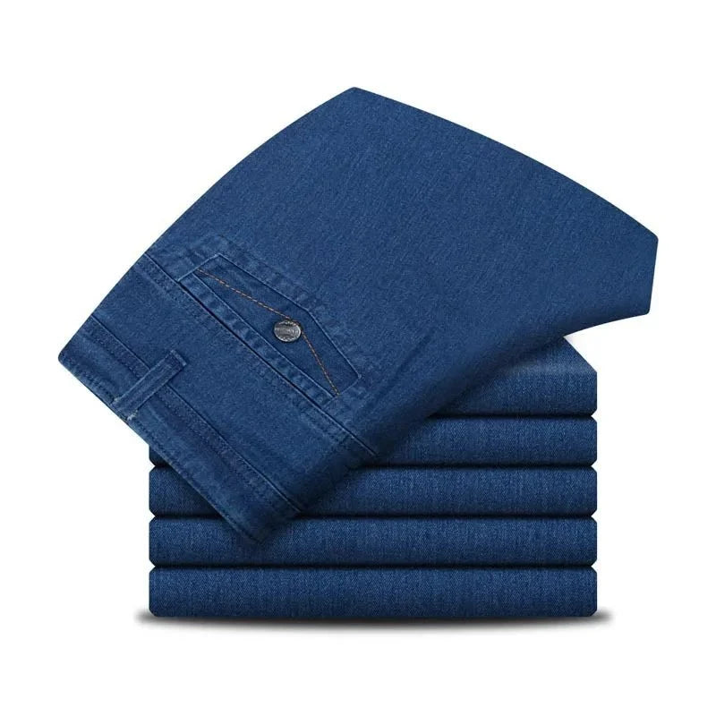 Men's high-waist straight leg cargo jeans from TrendLux Wear with elastic waistband, suitable for spring and summer casual wear.