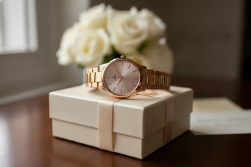 Elegant luxury rose gold watch displayed on a gift box, perfect for stylish gift ideas