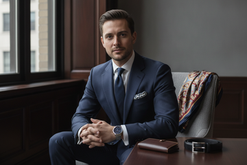 Stylish men's fashion accessories including a watch, pocket square, belt, and wallet for a luxury look