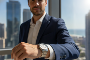 Stylish men's waterproof quartz watch paired with a business suit for a modern luxury look