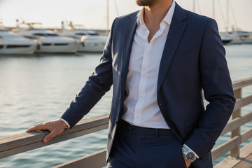 Stylish men's waterproof quartz watch paired with a navy suit for luxury marina fashion