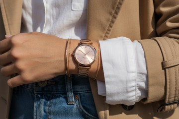 Elegant rose gold women's watch styled with bracelets for a chic, sophisticated fashion statement
