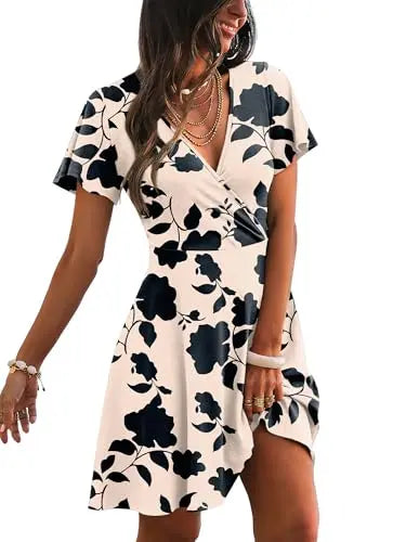 RUMIA Women's Wrap V-Neck A-Line Ruffle Sleeve Casual Sundress