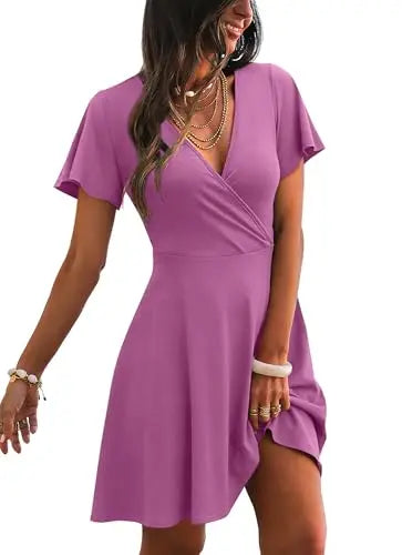 RUMIA Women's Wrap V-Neck A-Line Ruffle Sleeve Casual Sundress
