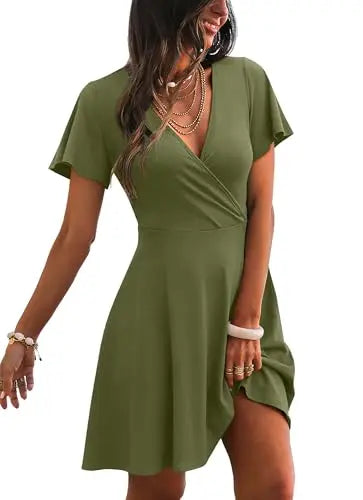 RUMIA Women's Wrap V-Neck A-Line Ruffle Sleeve Casual Sundress