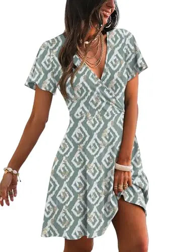 RUMIA Women's Wrap V-Neck A-Line Ruffle Sleeve Casual Sundress