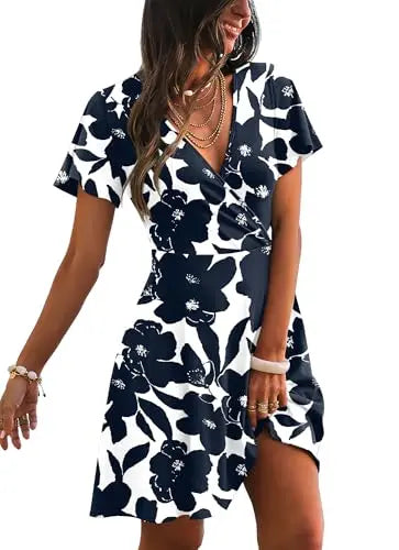 RUMIA Women's Wrap V-Neck A-Line Ruffle Sleeve Casual Sundress