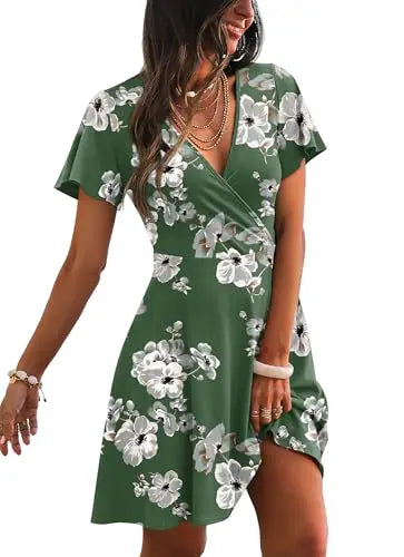 RUMIA Women's Wrap V-Neck A-Line Ruffle Sleeve Casual Sundress