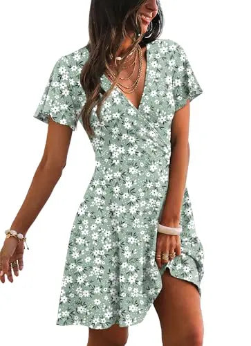 RUMIA Women's Wrap V-Neck A-Line Ruffle Sleeve Casual Sundress