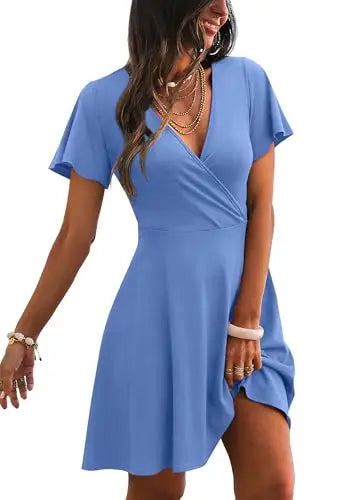 RUMIA Women's Wrap V-Neck A-Line Ruffle Sleeve Casual Sundress