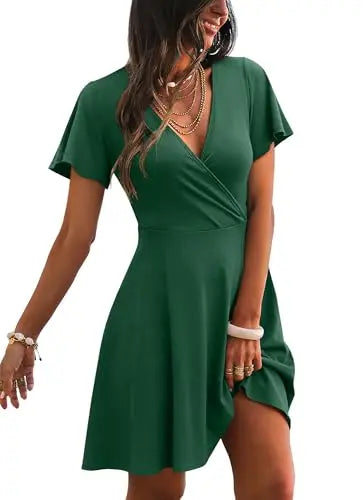 RUMIA Women's Wrap V-Neck A-Line Ruffle Sleeve Casual Sundress