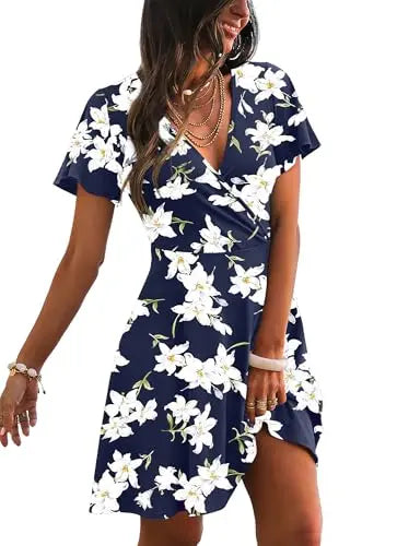 RUMIA Women's Wrap V-Neck A-Line Ruffle Sleeve Casual Sundress