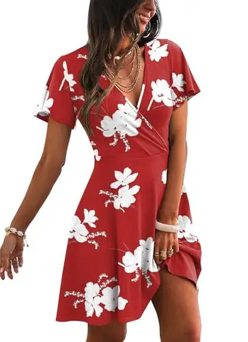 RUMIA Women's Wrap V-Neck A-Line Ruffle Sleeve Casual Sundress