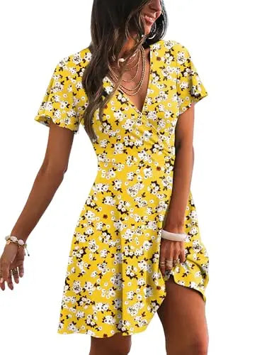 RUMIA Women's Wrap V-Neck A-Line Ruffle Sleeve Casual Sundress