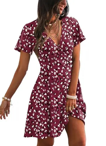 RUMIA Women's Wrap V-Neck A-Line Ruffle Sleeve Casual Sundress