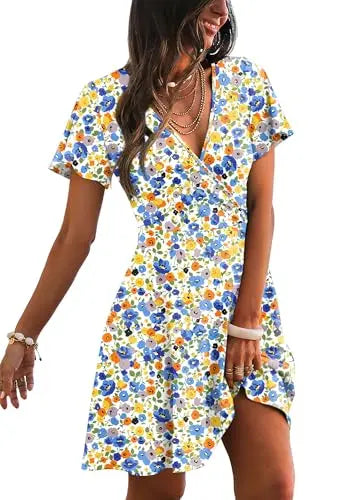 RUMIA Women's Wrap V-Neck A-Line Ruffle Sleeve Casual Sundress