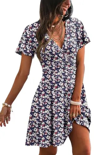 RUMIA Women's Wrap V-Neck A-Line Ruffle Sleeve Casual Sundress
