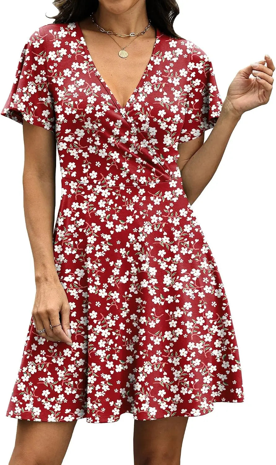RUMIA Women's Wrap V-Neck A-Line Ruffle Sleeve Casual Sundress