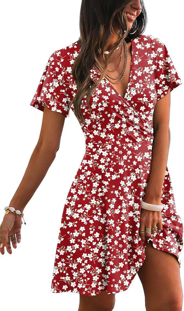 RUMIA Women's Wrap V-Neck A-Line Ruffle Sleeve Casual Sundress