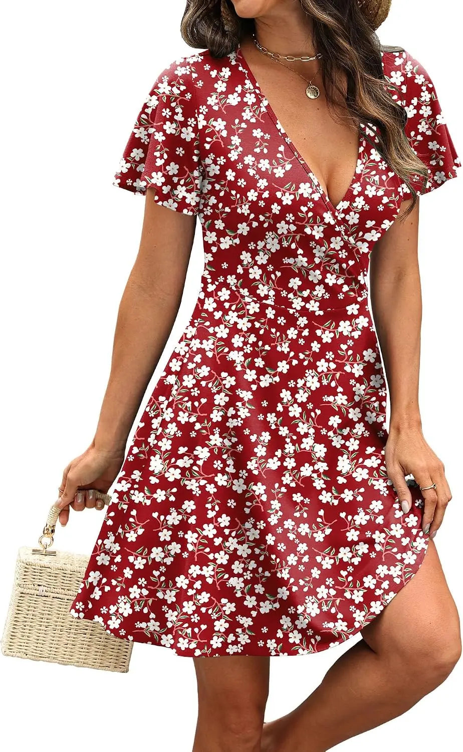 RUMIA Women's Wrap V-Neck A-Line Ruffle Sleeve Casual Sundress