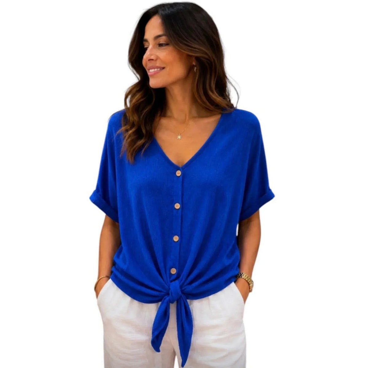 Flowy blue women's blouse by C'est Elle, elegant casual loose-fit top with a relaxed fit, perfect for stylish everyday wear.