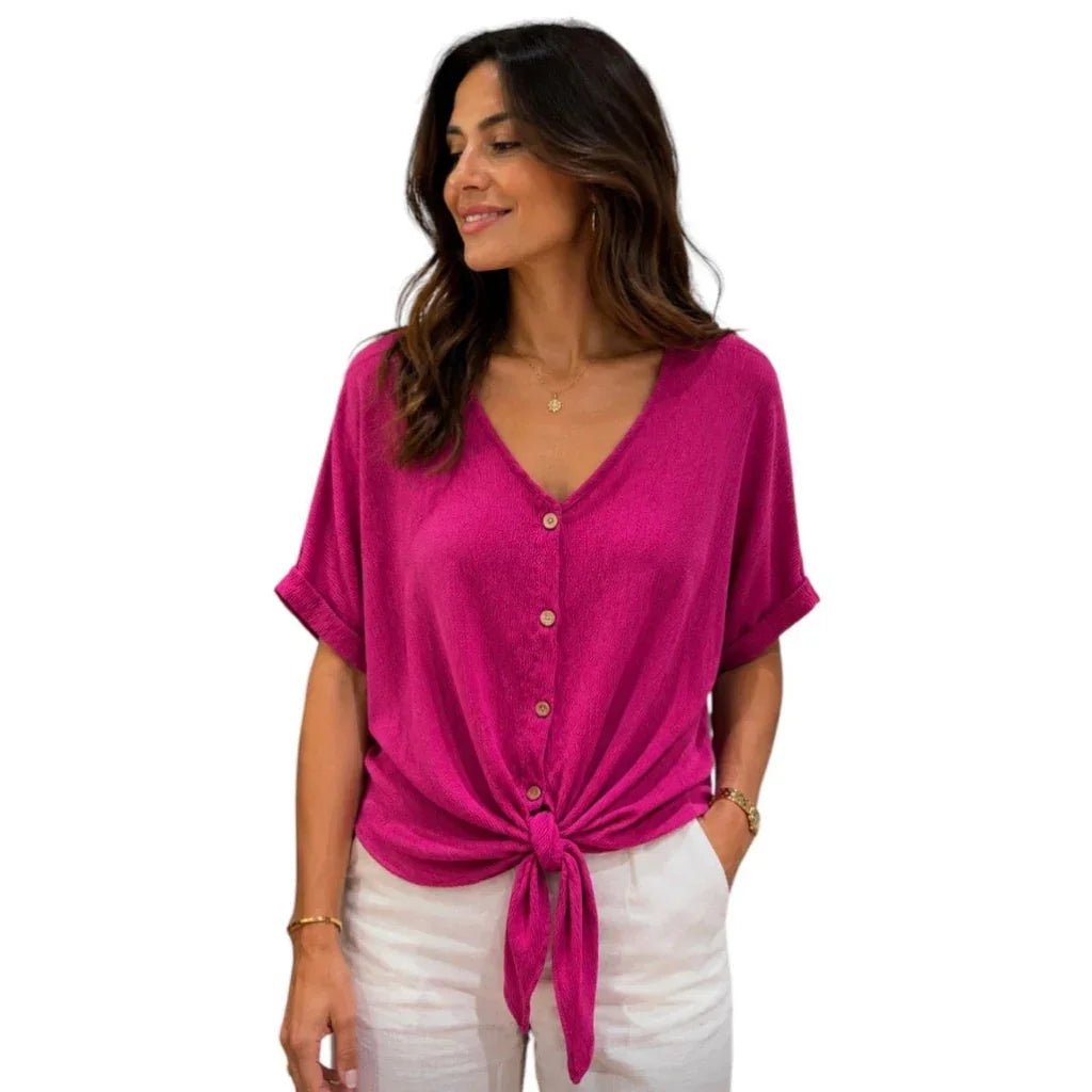 Flowy fuchsia blouse for women by C'est Elle, casual loose-fit top with elegant, flowing design and long sleeves.