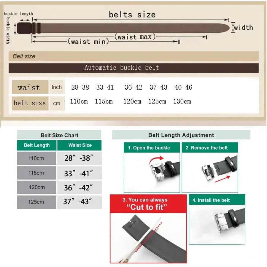 Men's genuine leather ratchet belt with automatic buckle, 35mm wide, from TrendLux Wear, shown with gift box included.