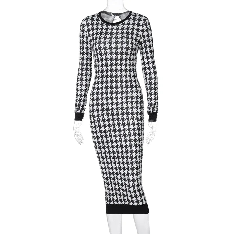 Houndstooth Long-Sleeve Cutout Bodycon Dress