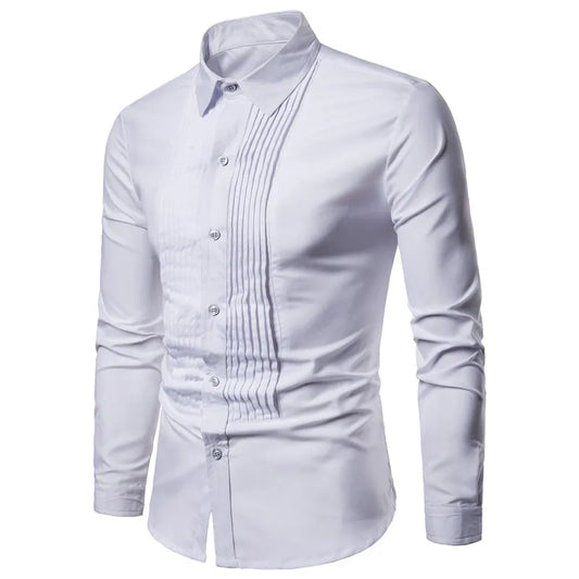 White long sleeve dress shirt featuring a pleated front, turn-down collar, and single-breasted closure.