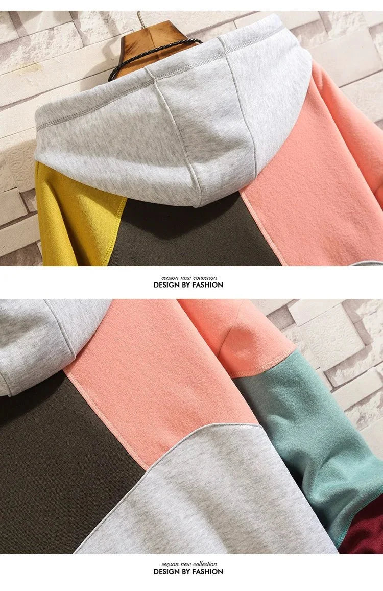 Men's patchwork velvet punk hoodie by TrendLux Wear, loose fit streetwear hoodie with bold patchwork design and vibrant colors.