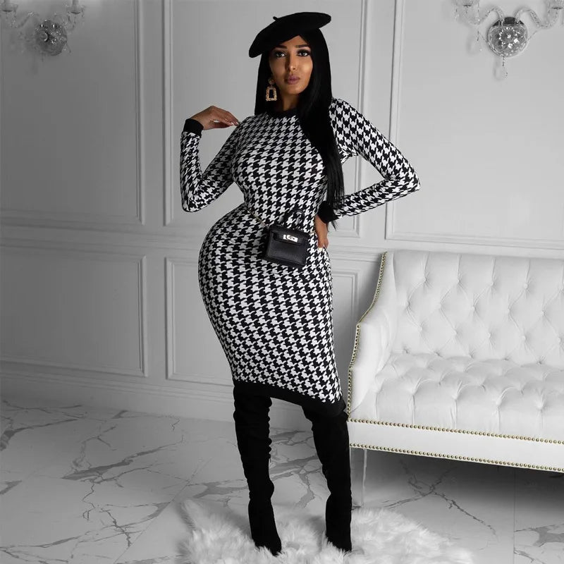 Houndstooth Long-Sleeve Cutout Bodycon Dress