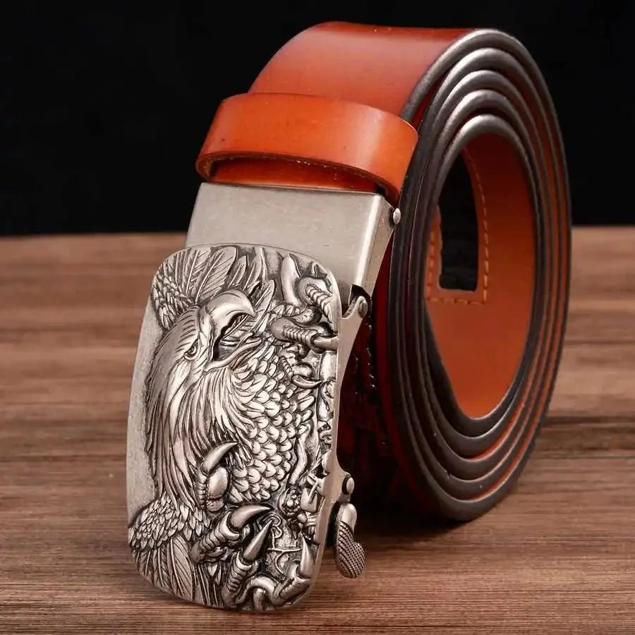 Men's genuine leather ratchet belt with automatic buckle, 35mm wide, from TrendLux Wear, displayed in gift box.